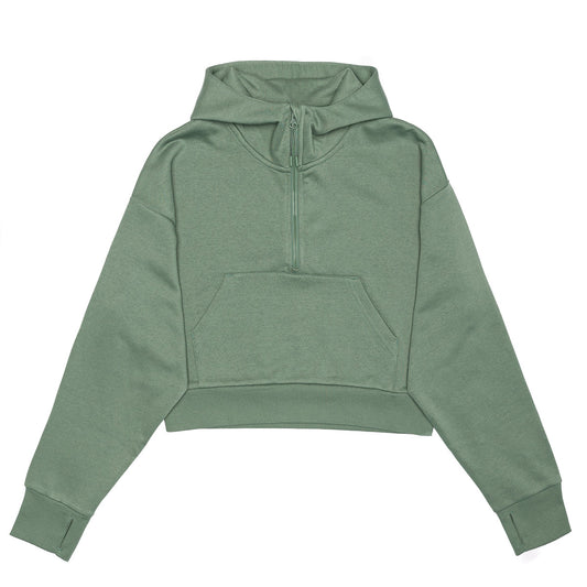 Green hoodie featuring a half zipper on a white background