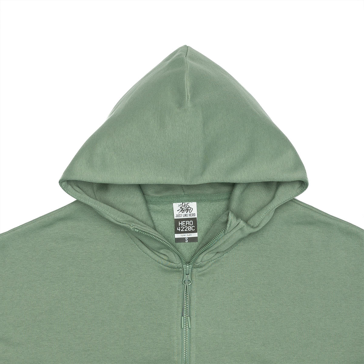 Green hoodie with a zipper on a white background