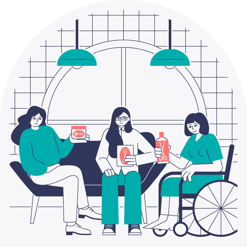 Illustration depicting three women discussing hair-care products in a cafe. One of them is in a wheelchair.