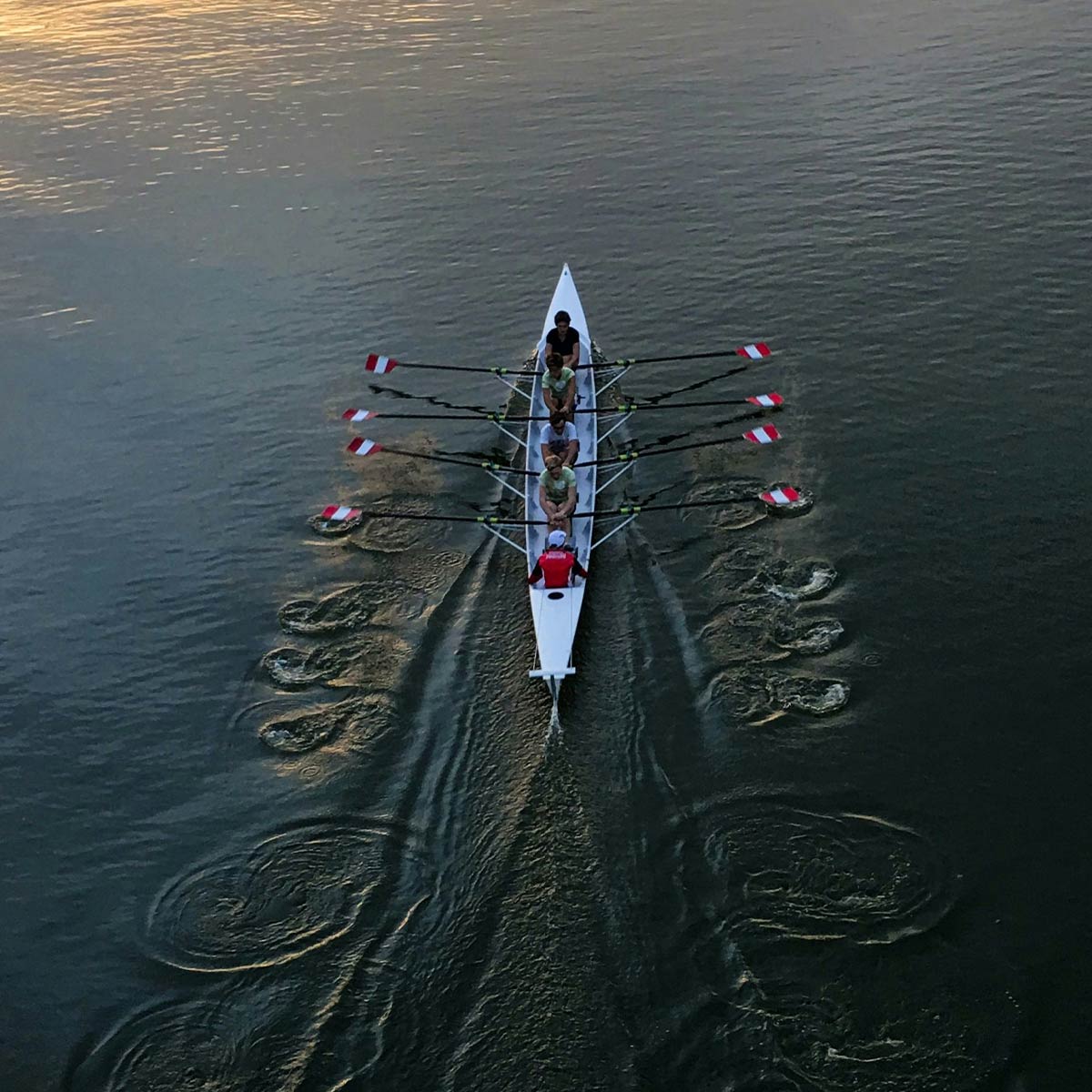 Rowing team in a boat on a body of water during sunset
