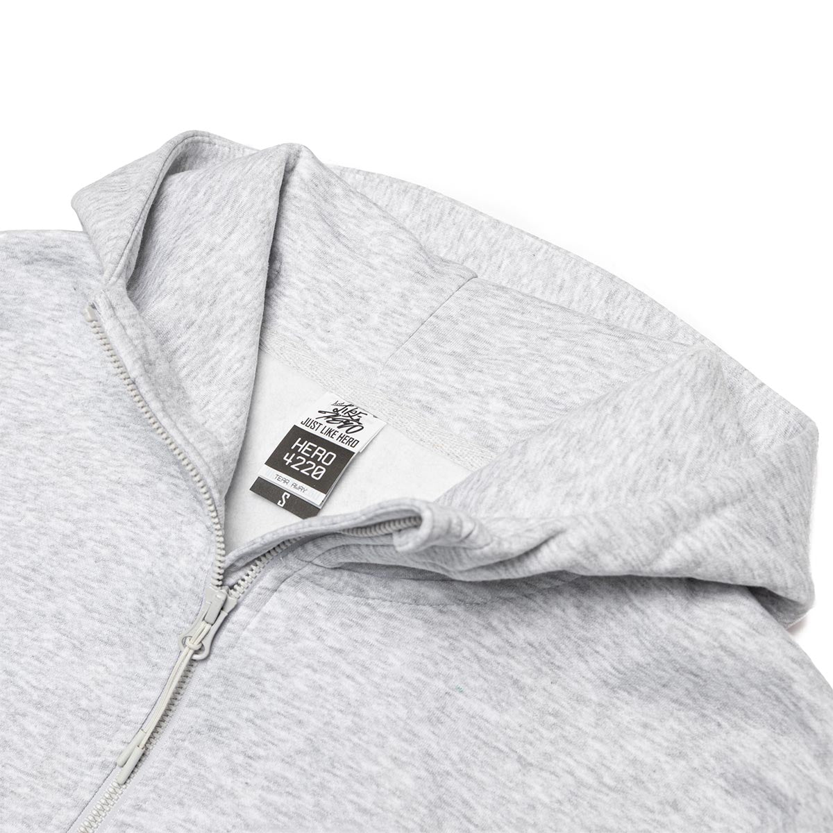 Gray hoodie with a brand logo on a white background