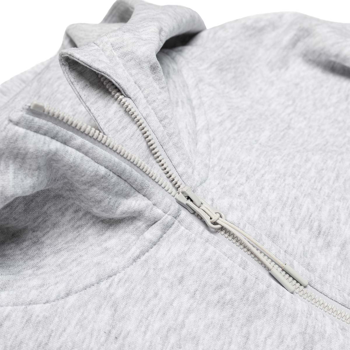 Close-up of a gray hoodie with a zipper