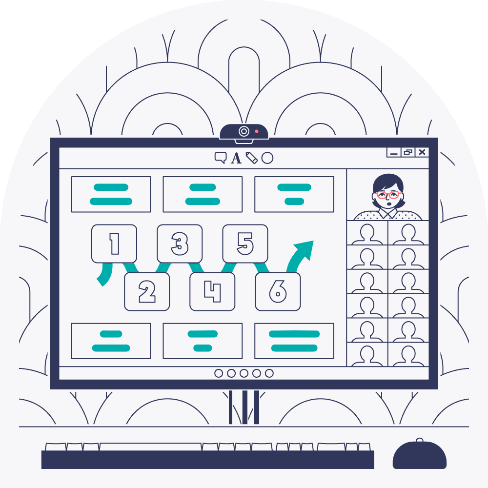 Illustration of a computer screen with a video call interface, showing a person and a number of icons.