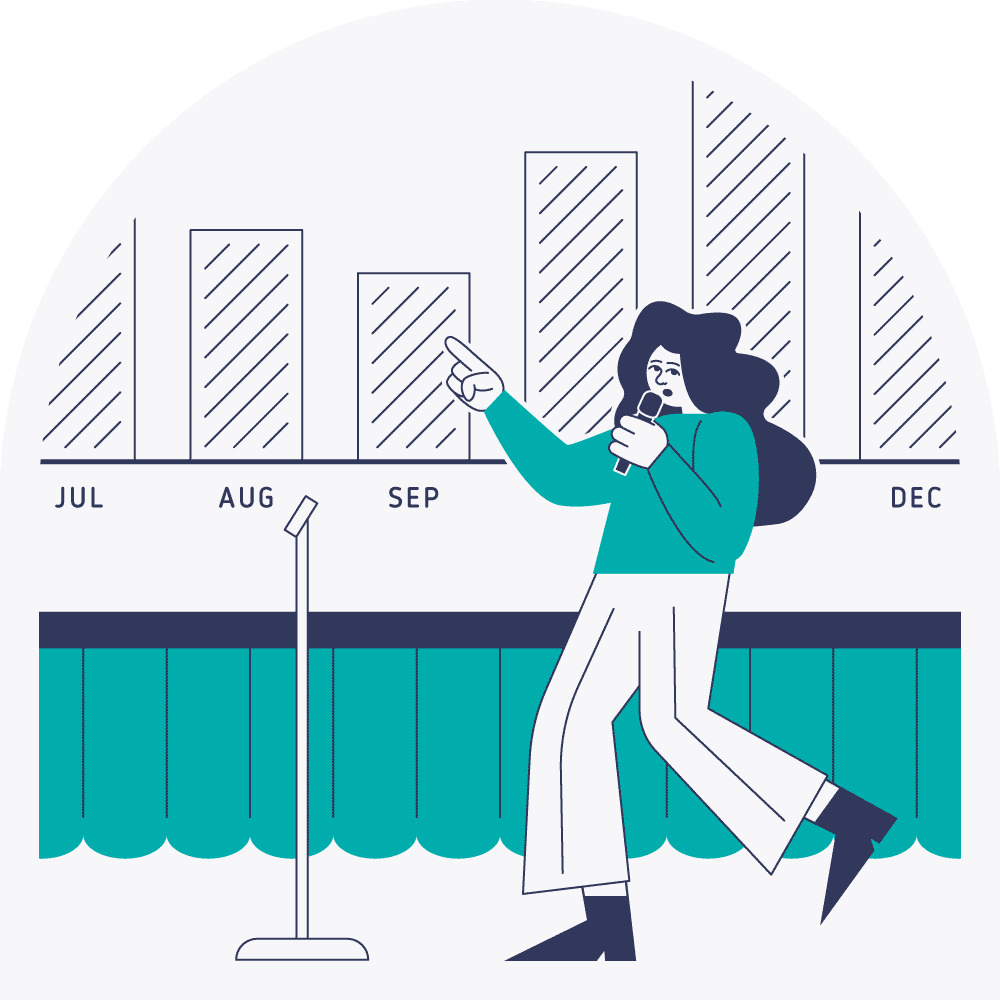 Illustration depicting a female keynote speaker presenting on a stage.