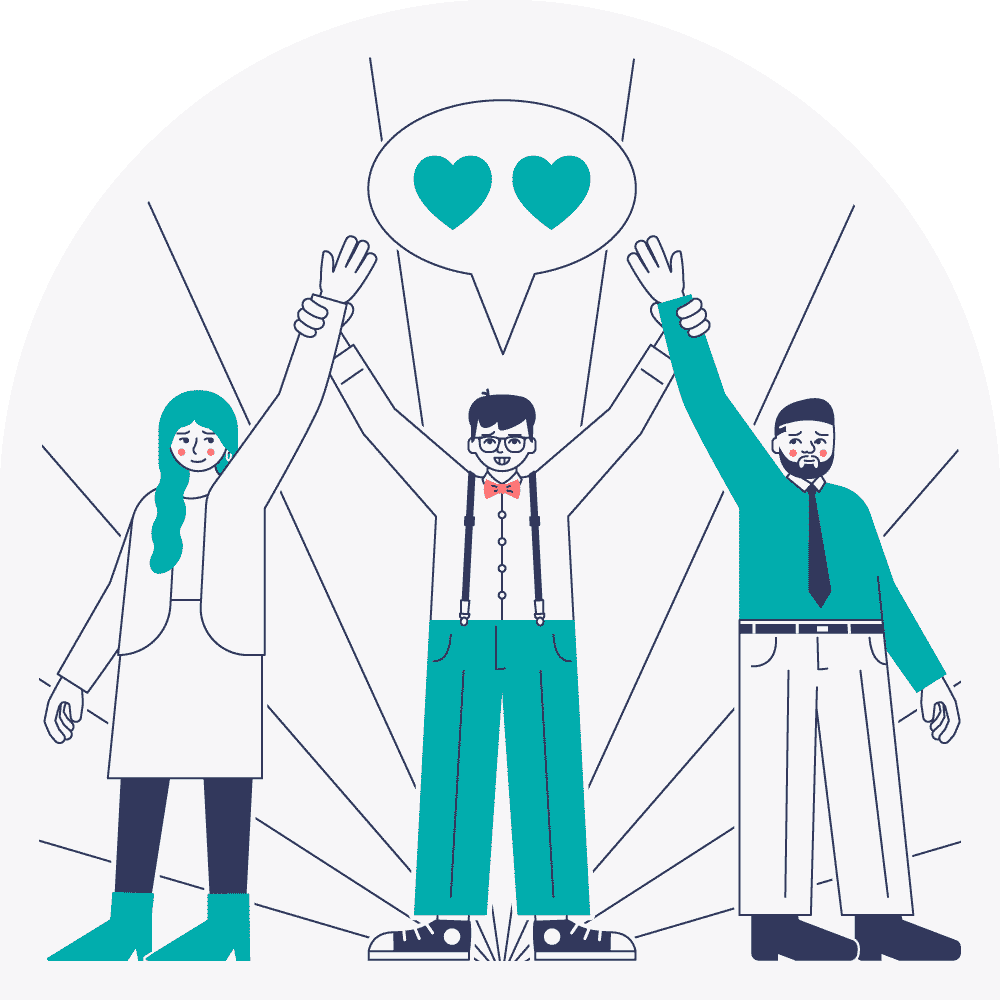 Illustration depicting leader holding up the hands of their team members.