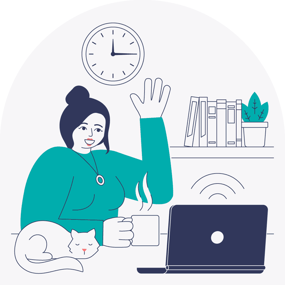 Illustration depicting a woman waving in a virtual coaching call on a laptop.