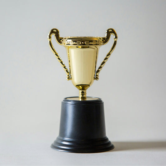 Gold trophy with black base on a light gray background