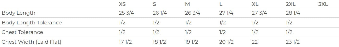 Measurement chart for body length, tolerance, and chest width with labeled dimensions.