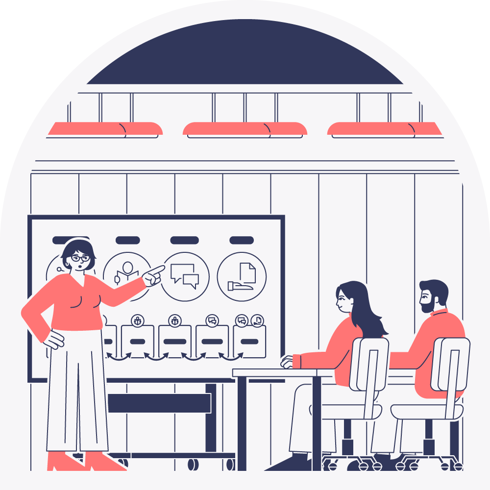 Illustration of a person explaining something on a screen to two other people in a room with a blue roof.