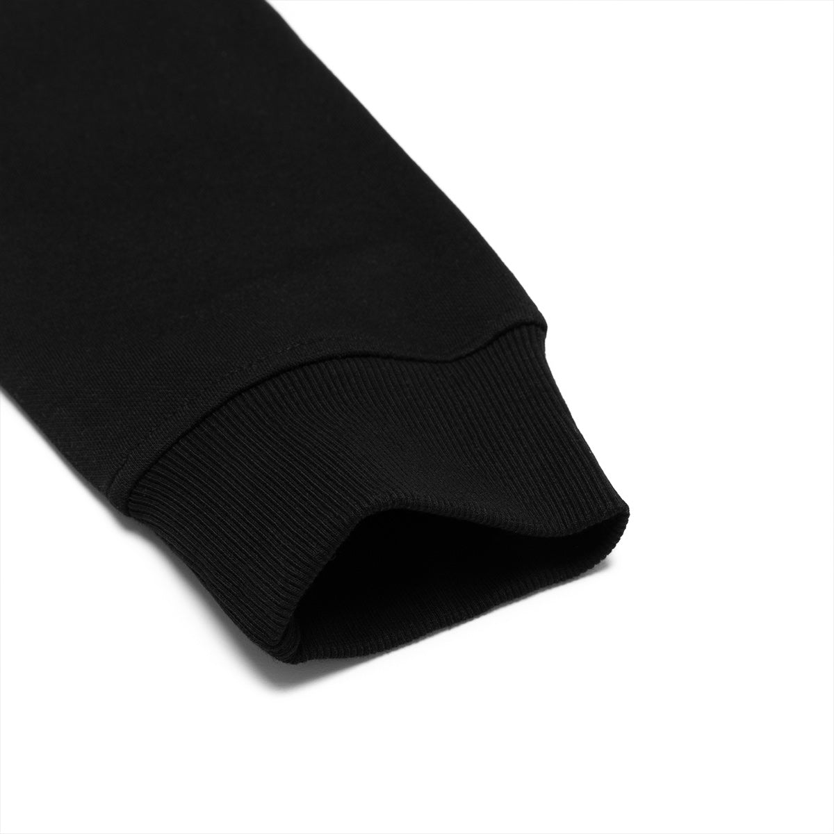 Close-up of a black hoodie sleeve on a white background