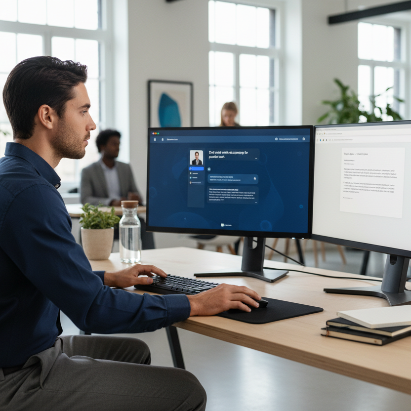 A young Communications profession working at their desk. One one screen a window is open to an AI application such as Microsoft Gemini, on the other screen their email is open and they are crafting an email.