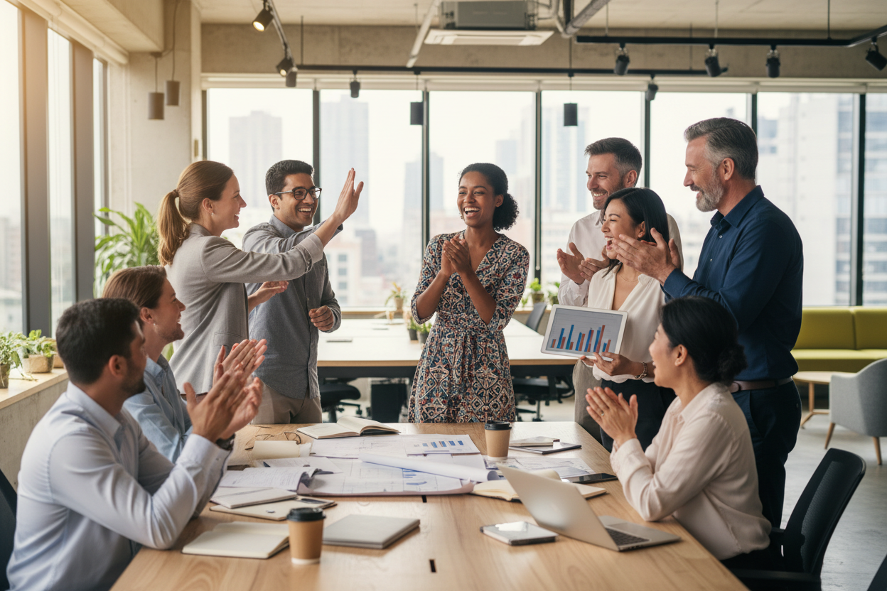 Create an image of a young business team celebrating a project milestone together. ensure the team has men, women, young, old and diverse.