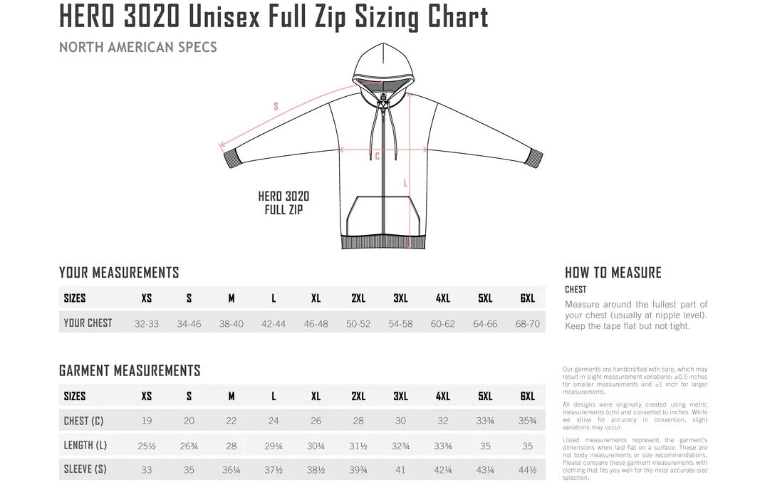 Size chart for Unisex Full Zip hoodie with measurements and garment details.