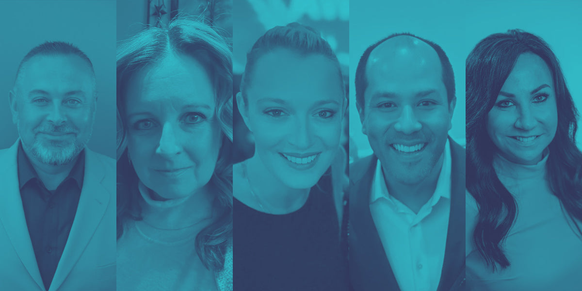 Collage of five people with a blue filter