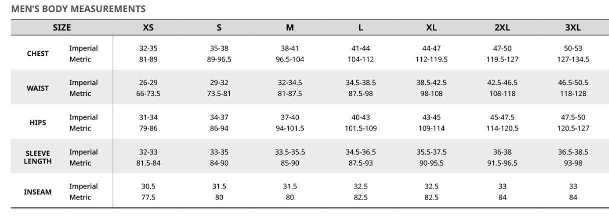 Table of men's body measurements with imperial and metric scales.