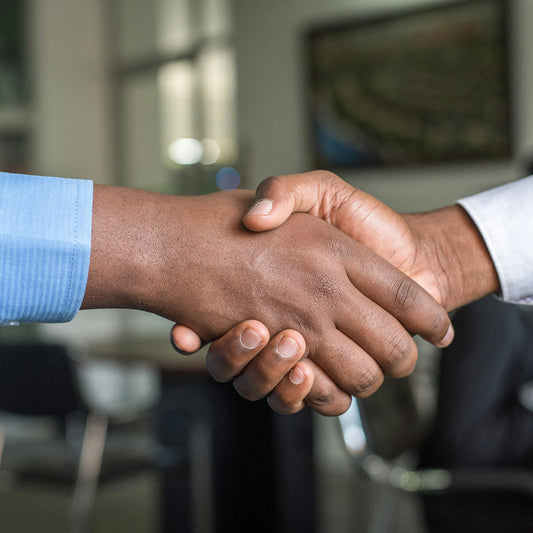 Two people shaking hands in an office setting