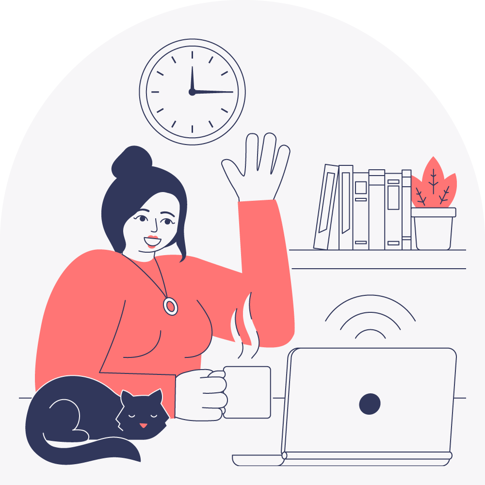 Illustration of a person sitting at a desk with a laptop, holding a mug, and waving, with a clock and books in the background.