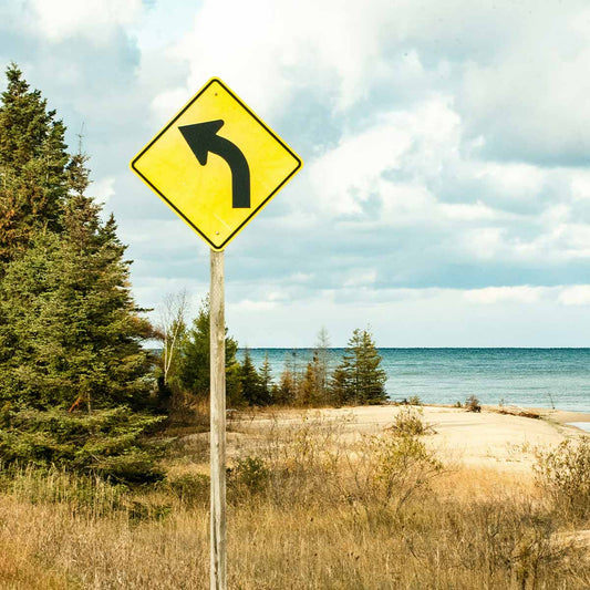 Yellow road sign with a black arrow pointing left in a natural setting with trees and water.