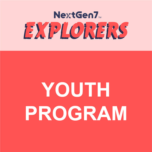 NextGen7 Explorers Youth Program logo with a pink and red background