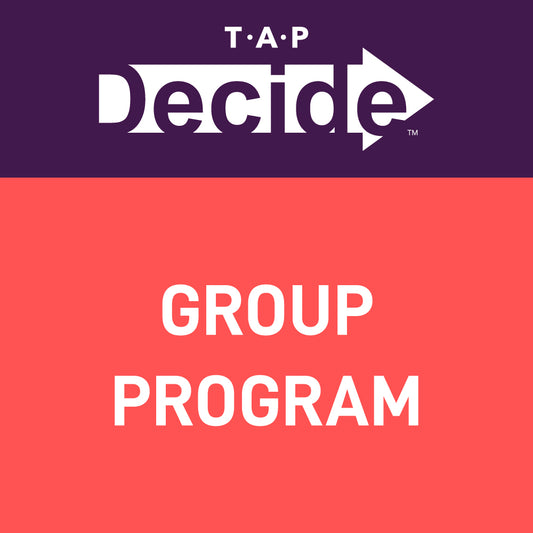 TAP DECIDE logo with 'GROUP PROGRAM' text on a two-tone background
