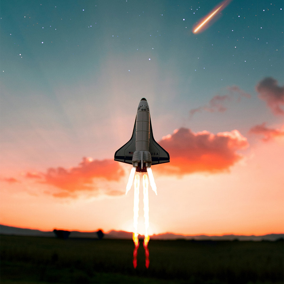 Space shuttle launching into a sunset sky with a comet in the background