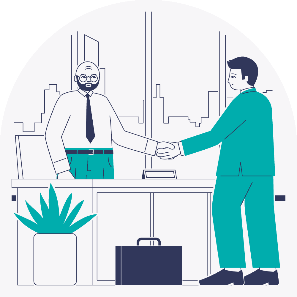 Illustration of two business people in suits shaking hands in an office setting.