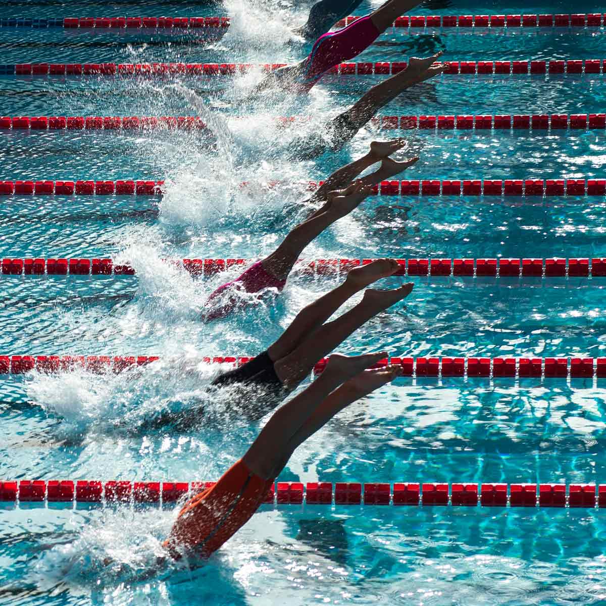 Synchronized swimmers diving into a pool with lane dividers