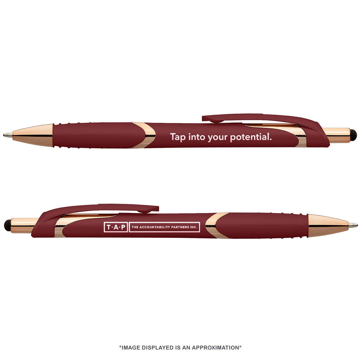 Burgundy and rose gold pen with the TAP logo and 'Tap into your potential' etched on the sides