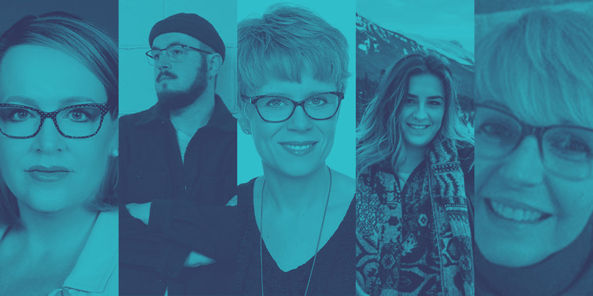 Collage of five people with a teal overlay