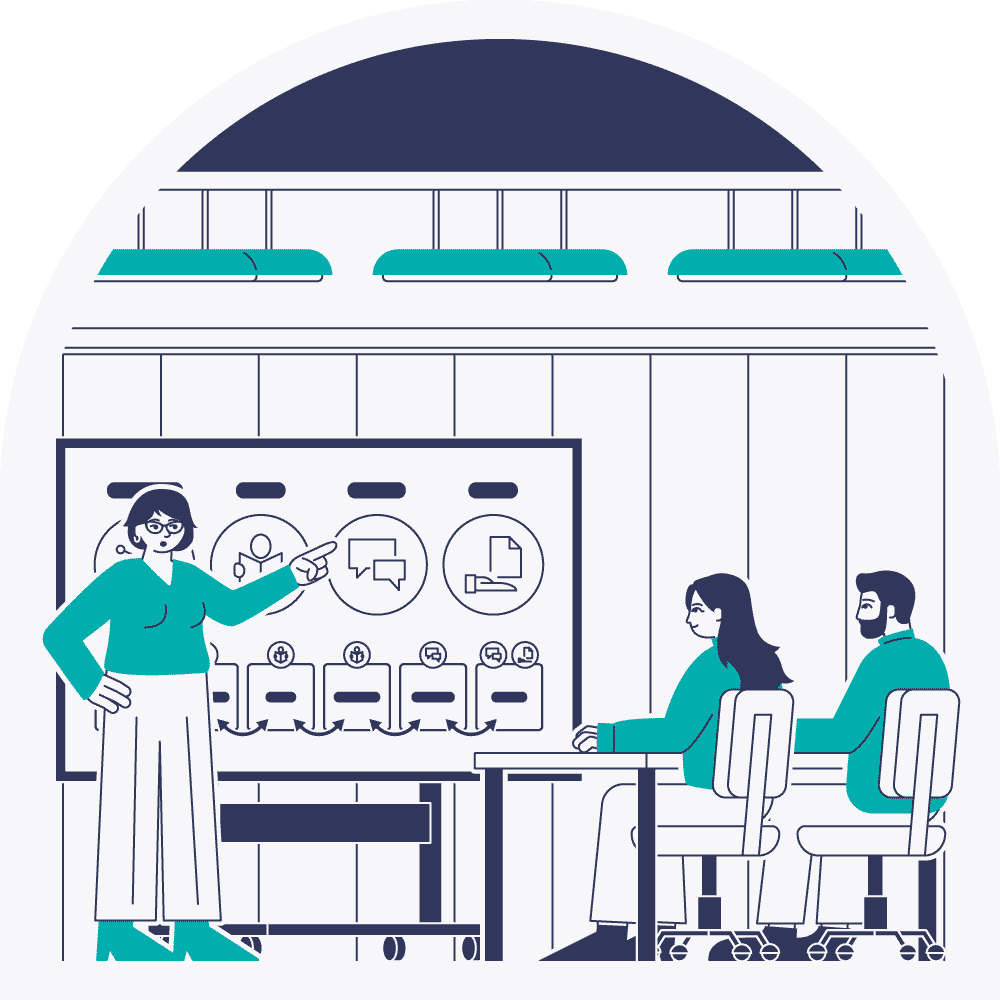 Illustration of a facilitator pointing at a digital board with participants listening in a classroom setting.