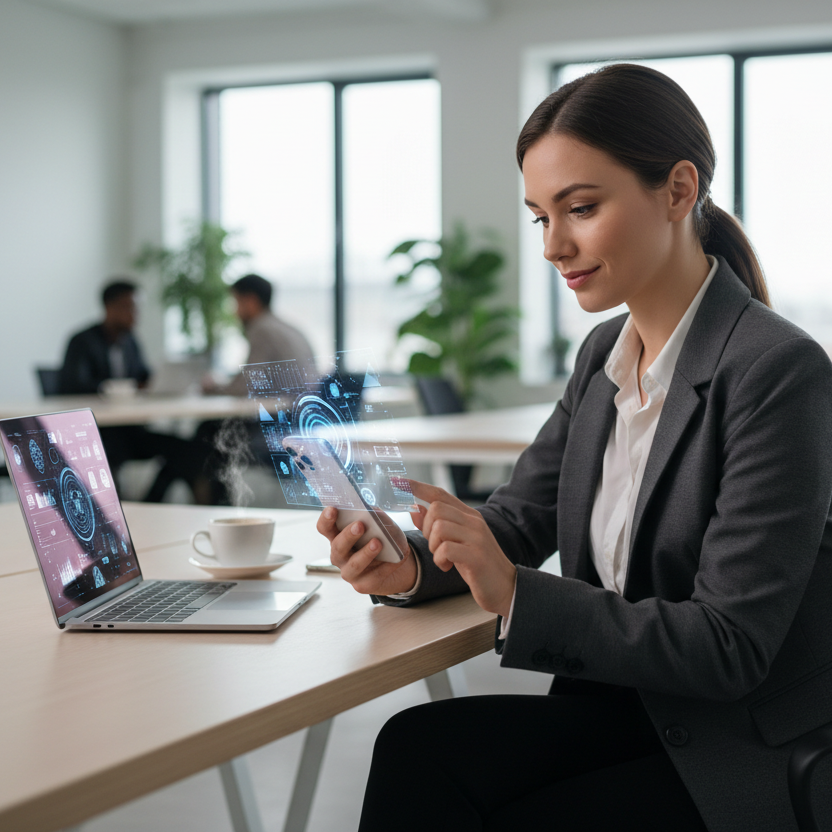 A young corporate woman using AI on her iphone for work