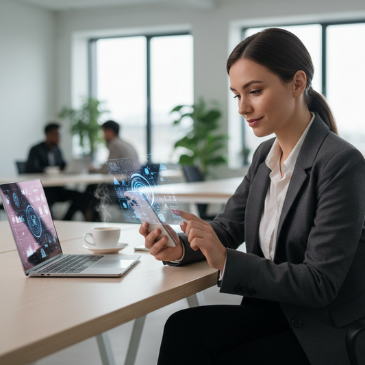 A young corporate woman using AI on her iphone for work